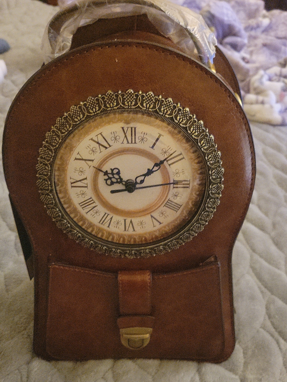 Vintage-Style Brown Wall Clock Handbag with Ornate Gold Trim